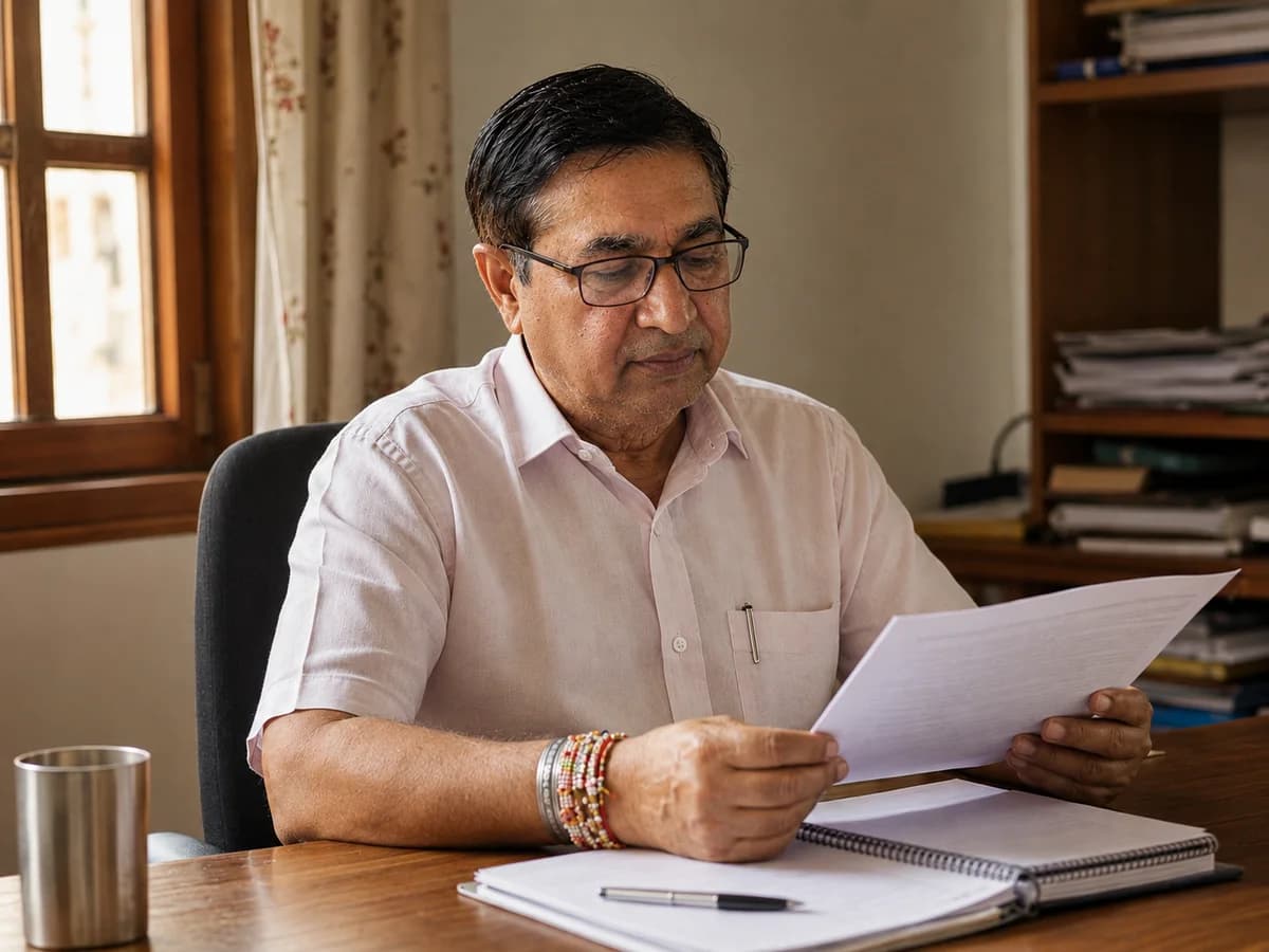 Rajesh Kumar Pancholi at his desk in Udaipur, reading a policy schedule.