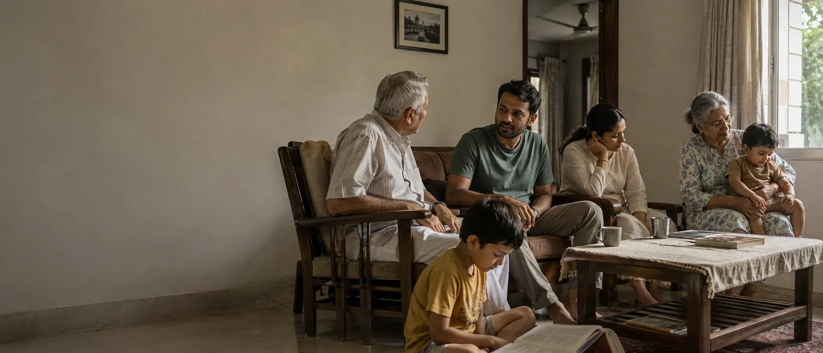 Three generations of a family at home together on an ordinary afternoon.