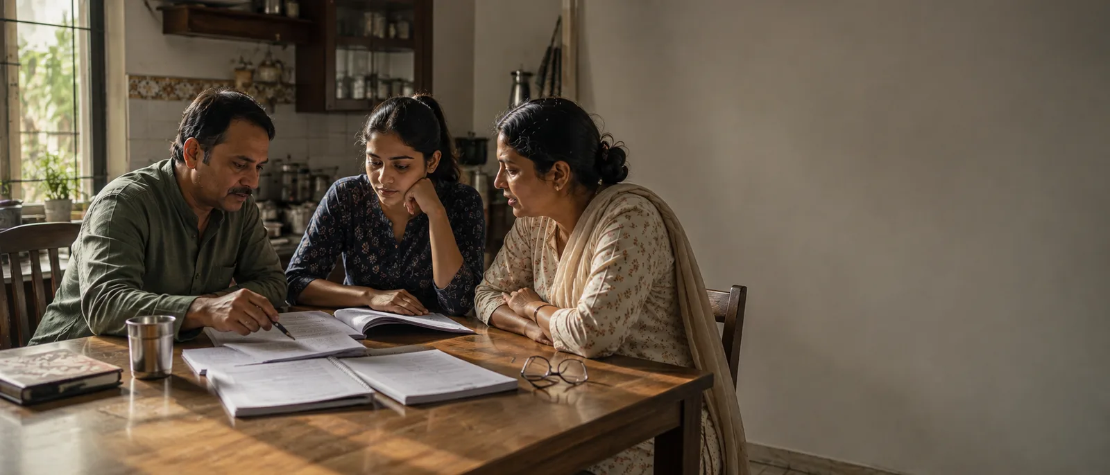 A family at a kitchen table, reading through their policy documents together.