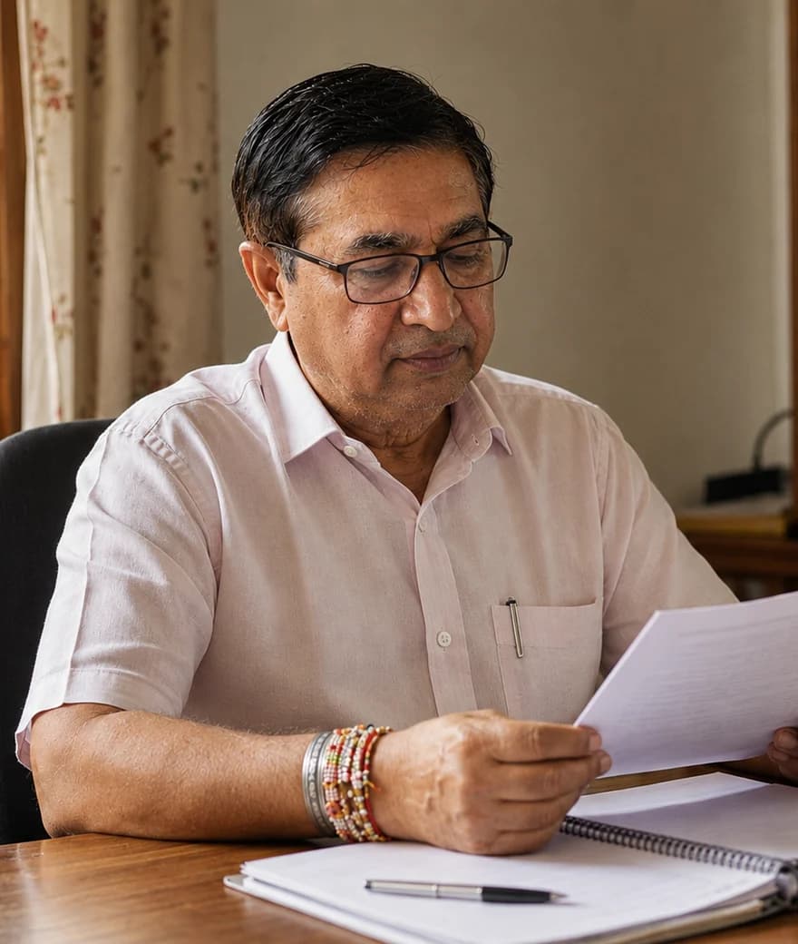 Rajesh Kumar Pancholi, founder of Zenith Wealth, at his desk in Udaipur
